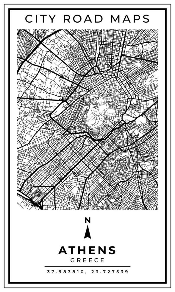Monochrome Line Art Map of Athens Capital City of Greece, Illustration and home decoration vector