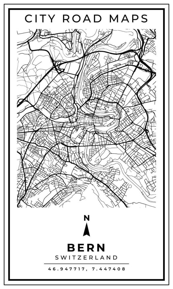 Monochrome Line Art Map of Bern City of Switzerland, Illustration and home decoration vector