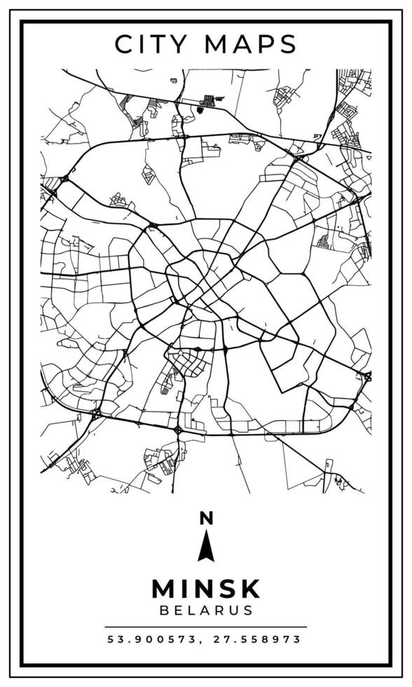 Monochrome Line Art Map of Minsk Capital City of Belarus, Illustration and home decoration vector