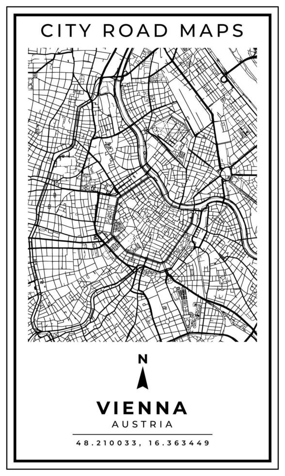 Monochrome Line Art Map of Vienna Capital City of Austria, Illustration and home decoration vector