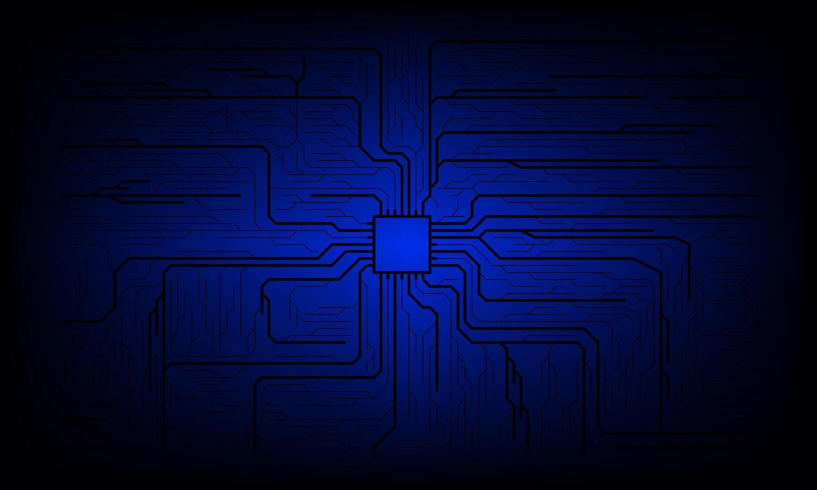 Chip circuit board elements in blue on technology dark background, AI concept banner or presentation vector