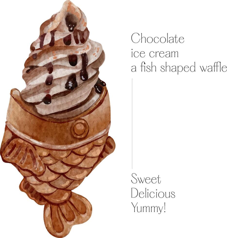 Chocolate ice cream inside a fish shaped waffle vector