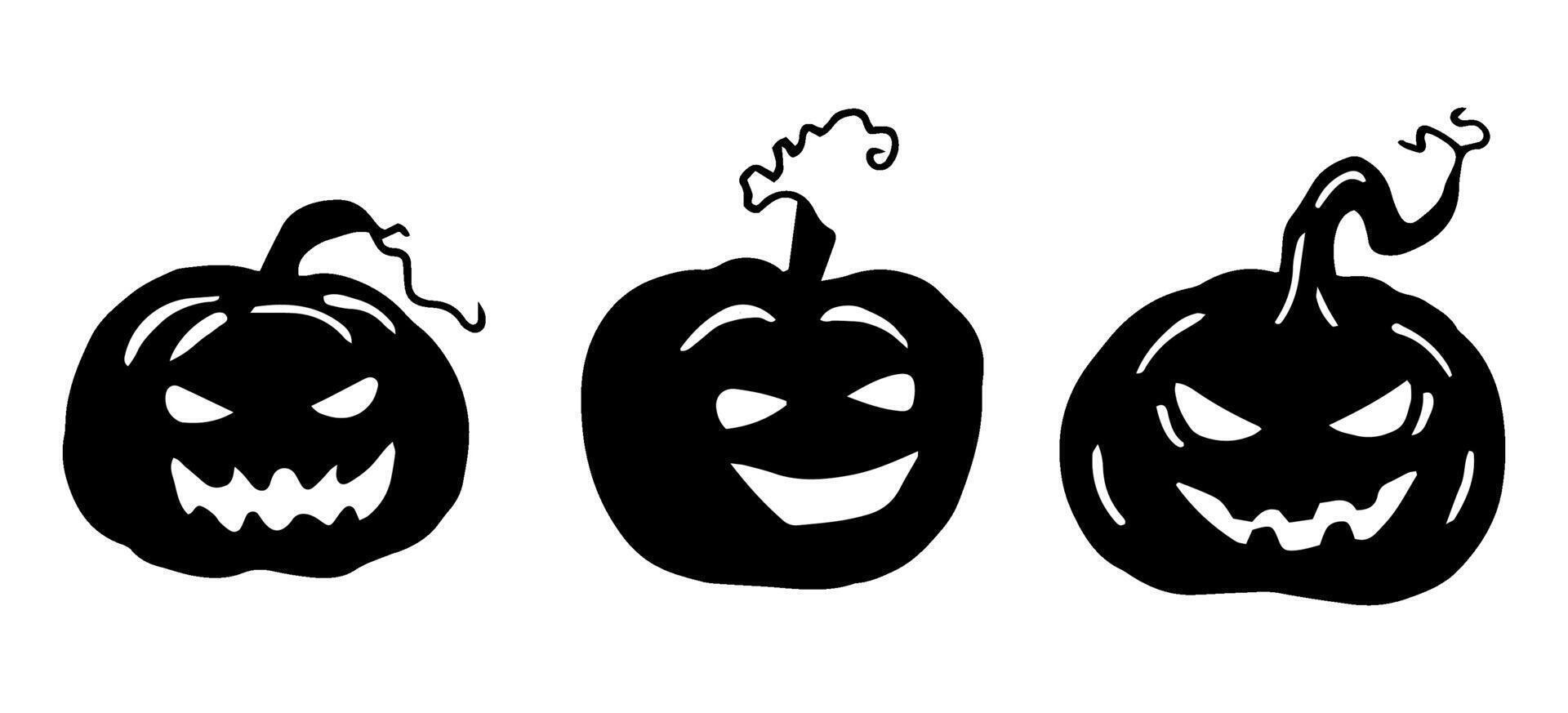 Set of pumpkins with faces. Black outline silhouette for Halloween. Hand drawn isolated graphic clipart. Linear silhouette with vegetable for spooky decor and invitation design. Simple Doodle style vector
