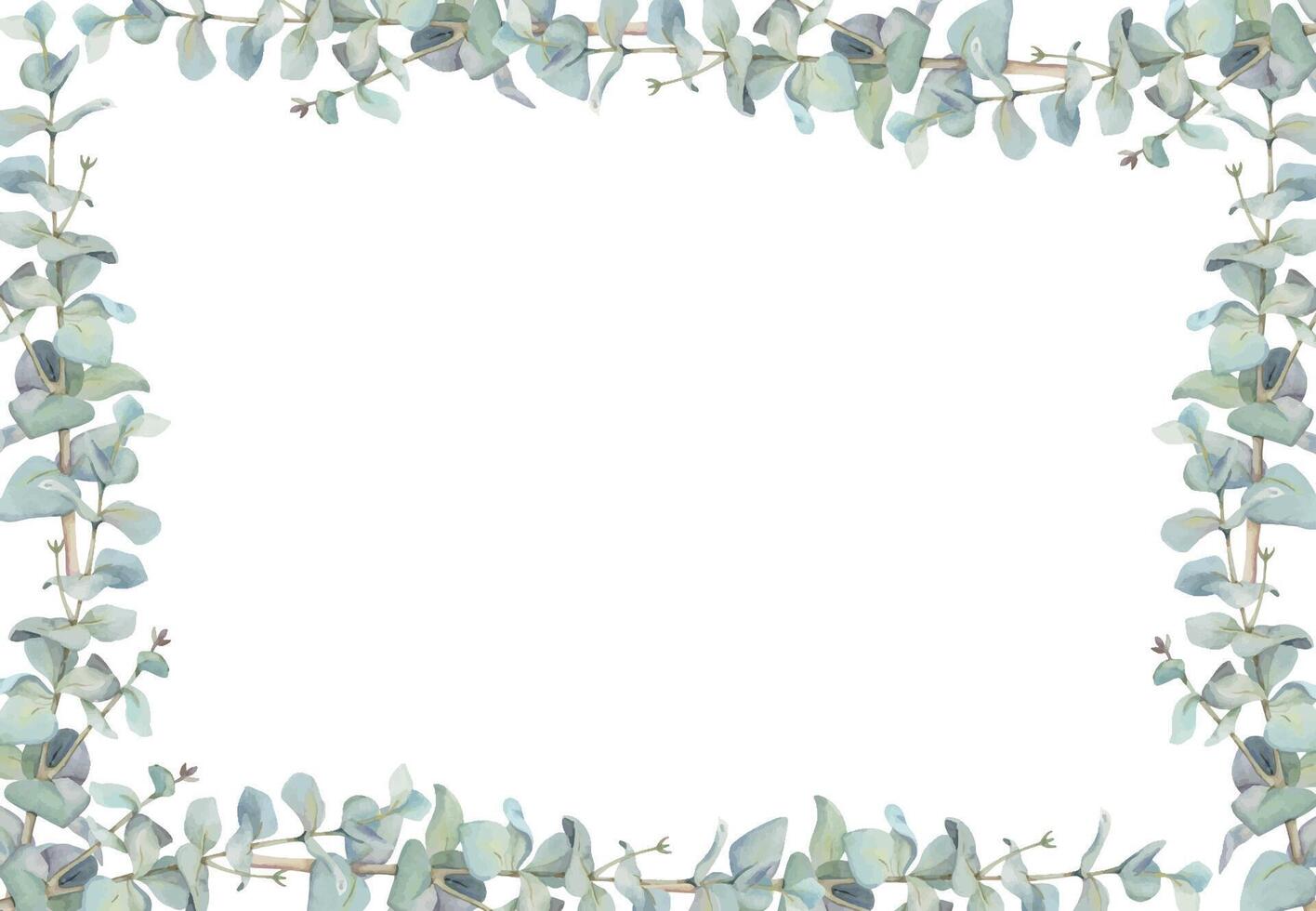 Eucalyptus laurel branches leaves with red berries. Watercolor hand drawn illustration, border frame isolated on white. Xmas, happy new year festive, noel navidad. Cards, gifts, florist shop, wedding. vector