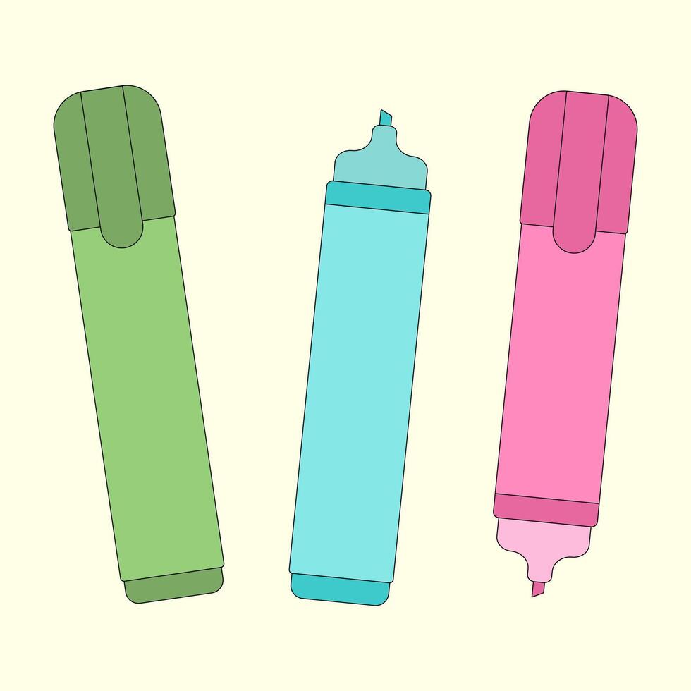Simple illustration of colorful highlighters in a minimal style. Perfect for back-to-school designs, education projects, and stationery-themed graphics. vector