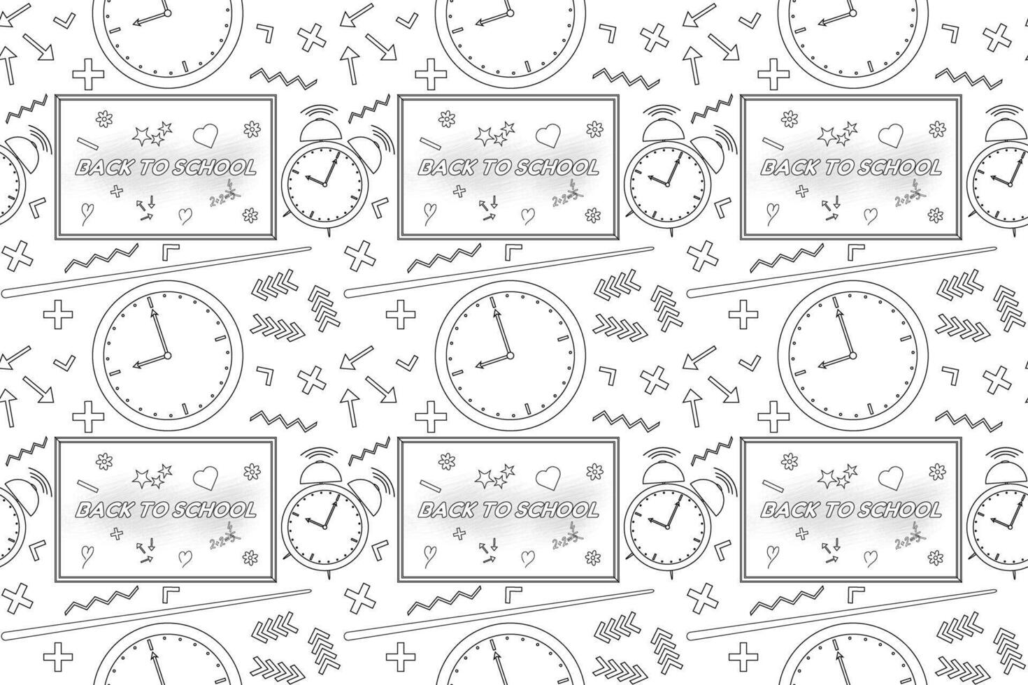 A seamless pattern coloring page with clocks, chalkboards, and back-to-school elements. Ideal for educational projects. vector