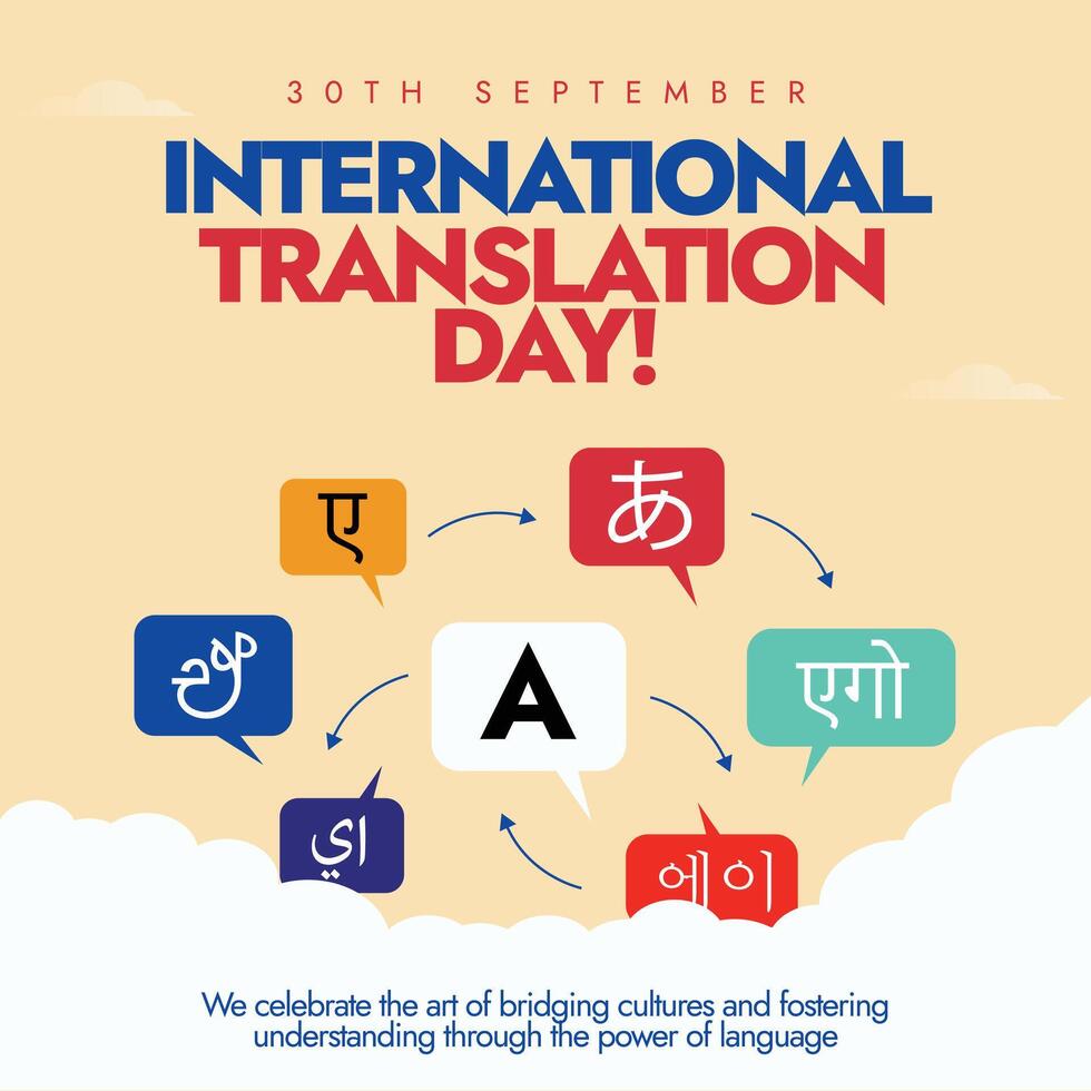 International Translation Day. 30th September Translation day banner, post with words in different languages. This day honors the translators and the role they play in promoting dialogue, peace. vector