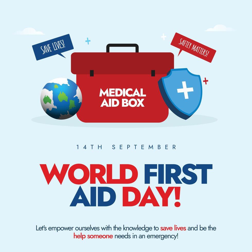 14th September First Aid day banner with a medical box, protection shield, red ribbon vector