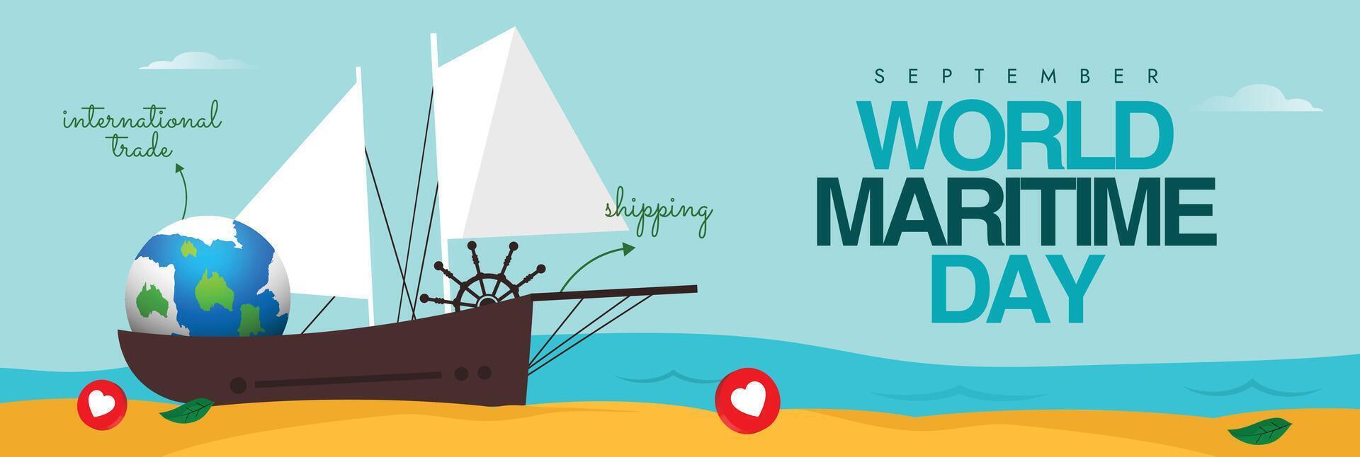 Maritime day celebration banner poster with sea cost, sea boat, earth. The theme for 2024 is Navigating the future safety first, to enhance safety in maritime operations vector