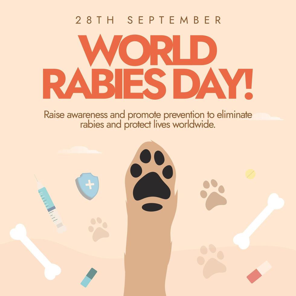 World Rabies Day. 28th September Rabies awareness day banner, post with a dog paw, bones, syringes. The day raise awareness about rabies and its prevention, a disease that transmitted from animals vector