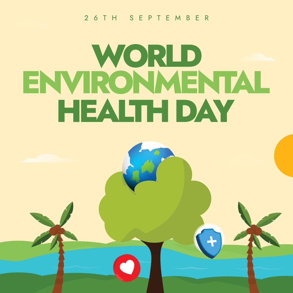 26th September Environmental health day banner, post with an earth globe at top of a tree, river view. vector