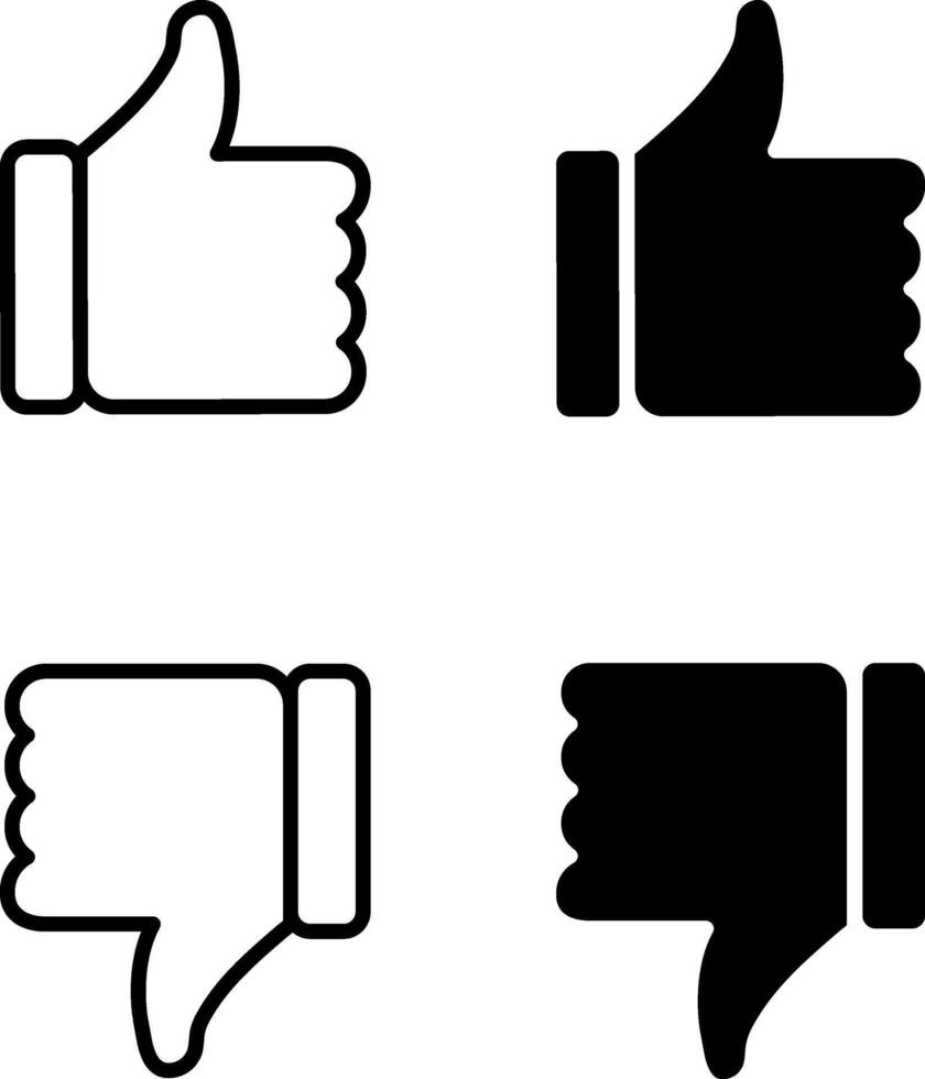 Like and dislike icon set. Thumbs up and thumbs down button symbol black outline, flat solid icon for mobile, web, feedback, rating concept vector