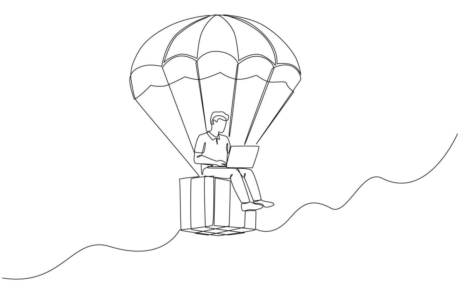 Continuous one line drawing of man working on flying parcel box using parachute, dropshipping business concept, single line art. vector