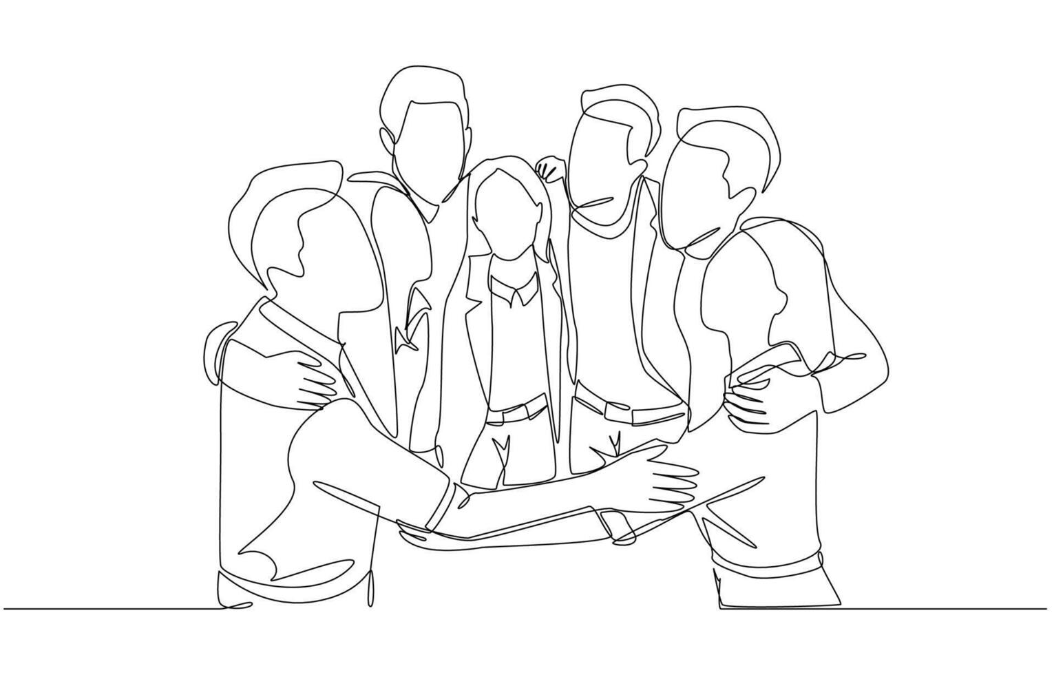 Continuous one line drawing of group of young employees hugging each other happily, teamwork and collaboration concept, single line art. vector