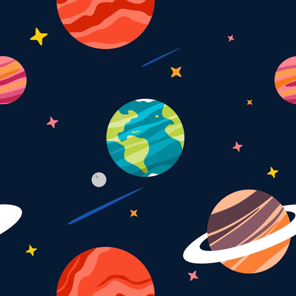Colorful Planetary Space Pattern with Stars and Planets - Cosmic Background Illustration, Seamless Pattern vector