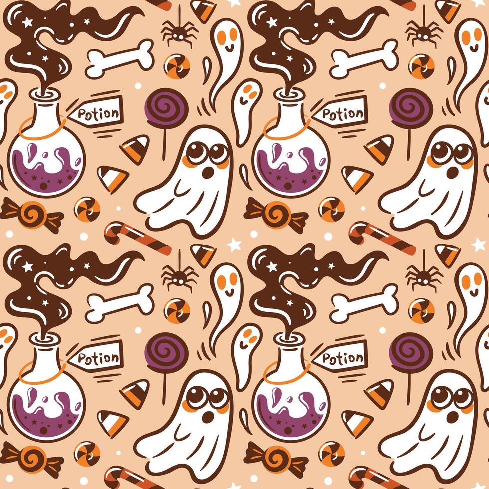 This is a Playful Halloween Pattern featuring Ghosts and an assortment of Candy treats. Mysterious magic potion. Seamless pattern for wallpaper, fabric, wrapping, background. vector