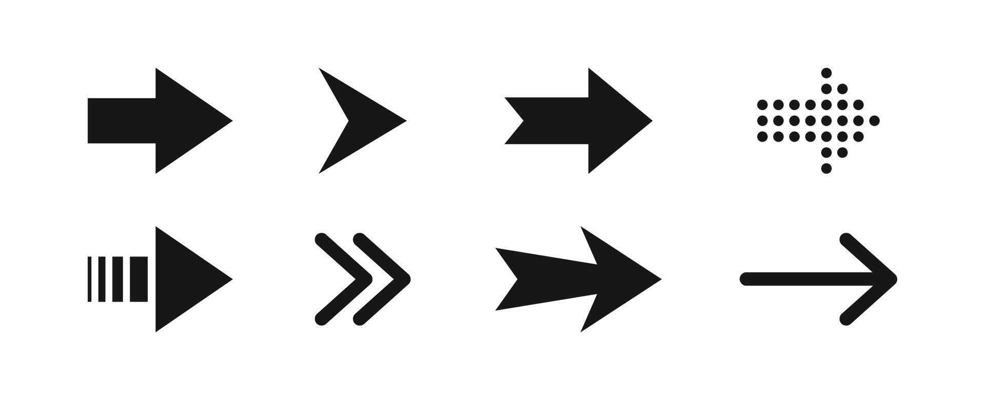 Flat arrow button icons set. Different style black silhouette pointer web arrows collection vector
