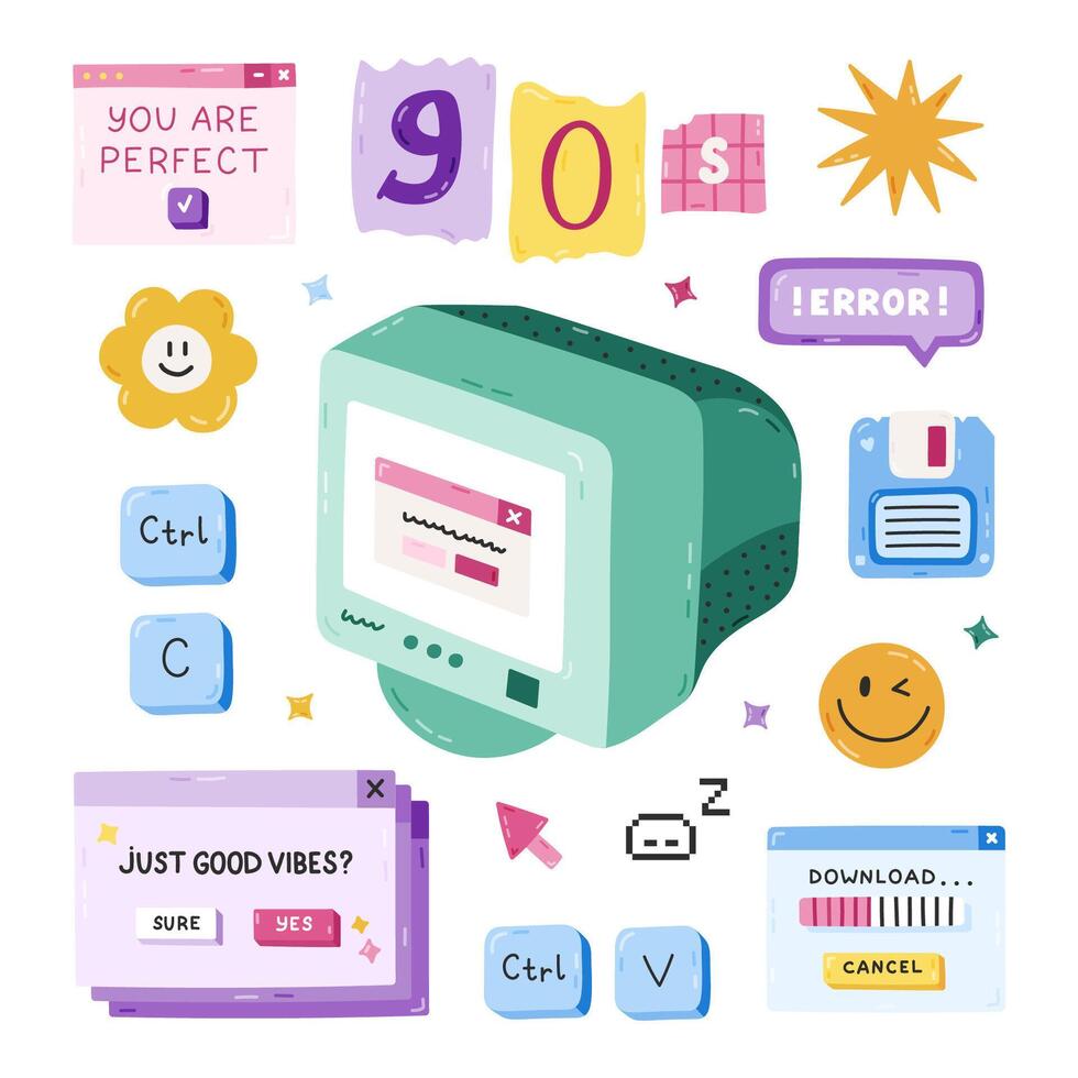 Cute cartoon Y2k set with technology symbols from 90s, 00s. Retro aesthetic clipart of old PC, window interface, buttons, vintage floppy disk. Nostalgia for 1990s vibe collection isolated on white vector