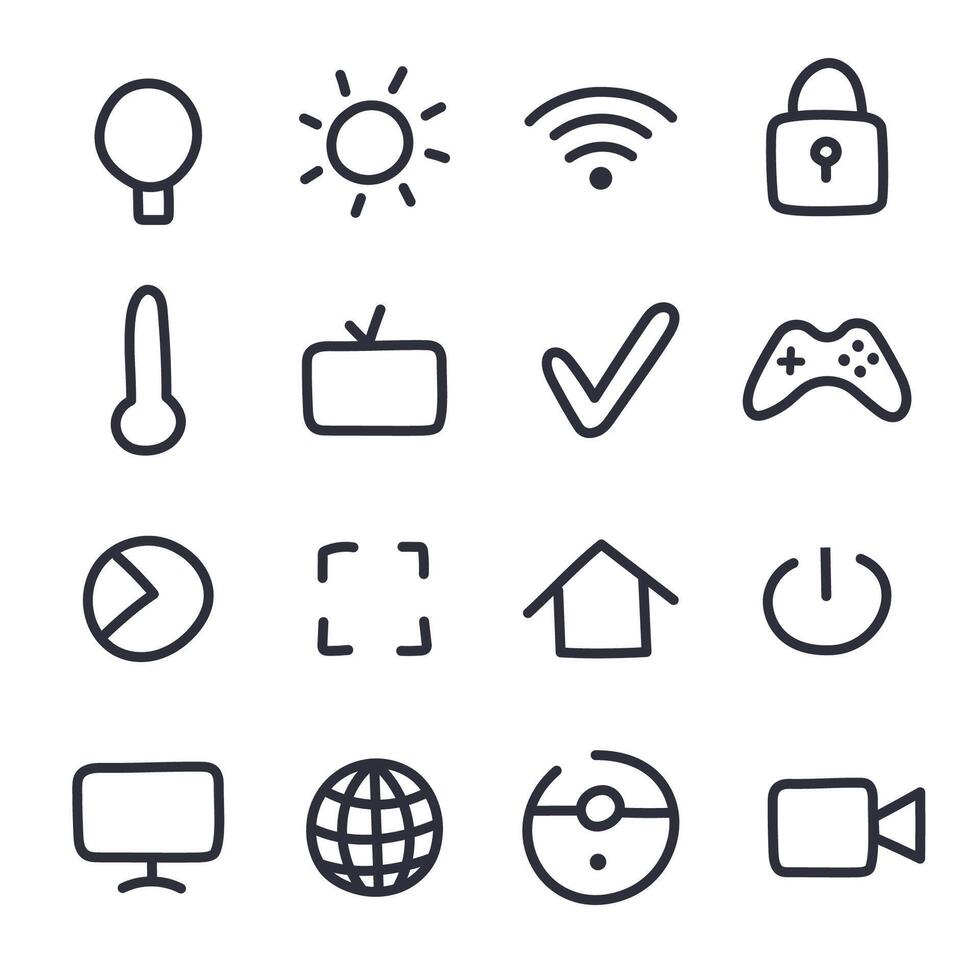 Cute hand drawn outline smart home icon set. Symbols of entertainment, regulate temperature, light, secure, clean home. Collection of network and Internet of things isolated on white background. vector