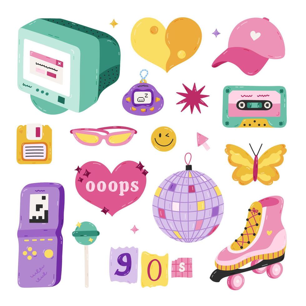 Cute cartoon hand drawn Y2k set with symbols from 90s, 00s. Retro aesthetic clipart of old PC, sunglasses, electronic toy, butterfly, baseball cap, roller skate. Nostalgia for 1990s vibe. vector