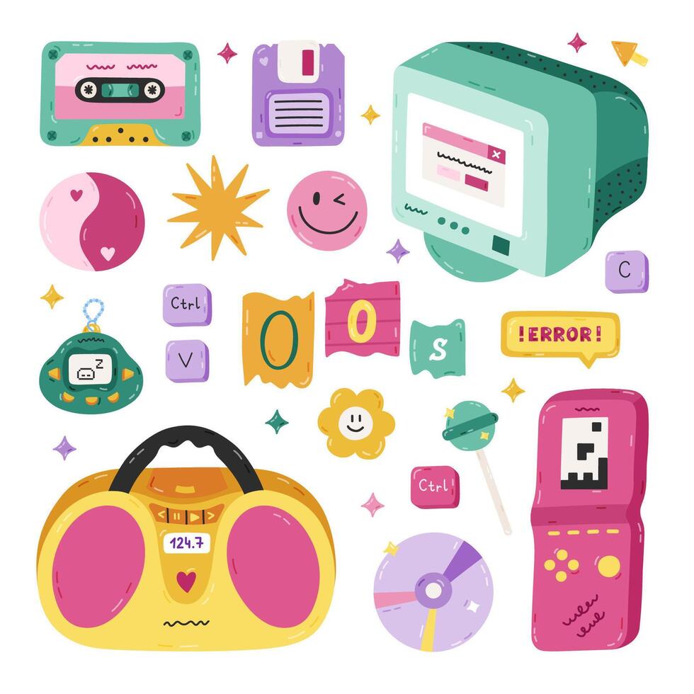 Cute cartoon hand drawn Y2k set with symbols from 90s, 00s. Retro aesthetic clipart of dvd disk, radio, electronic toy, old PC, cassette tape, roller skate, lollipop. Nostalgia for 1990s vibe. vector