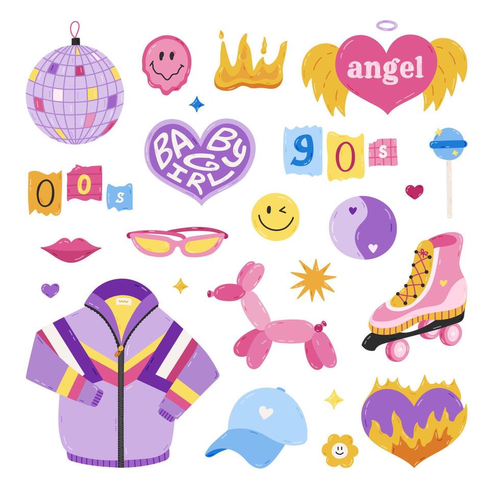Cute cartoon hand drawn Y2k set with symbols from 90s, 00s. Retro aesthetic clipart of sport jacket, disco ball, butterfly, flame, cassette, balloon dog, roller skate, lips. Nostalgia for 1990s vibe. vector