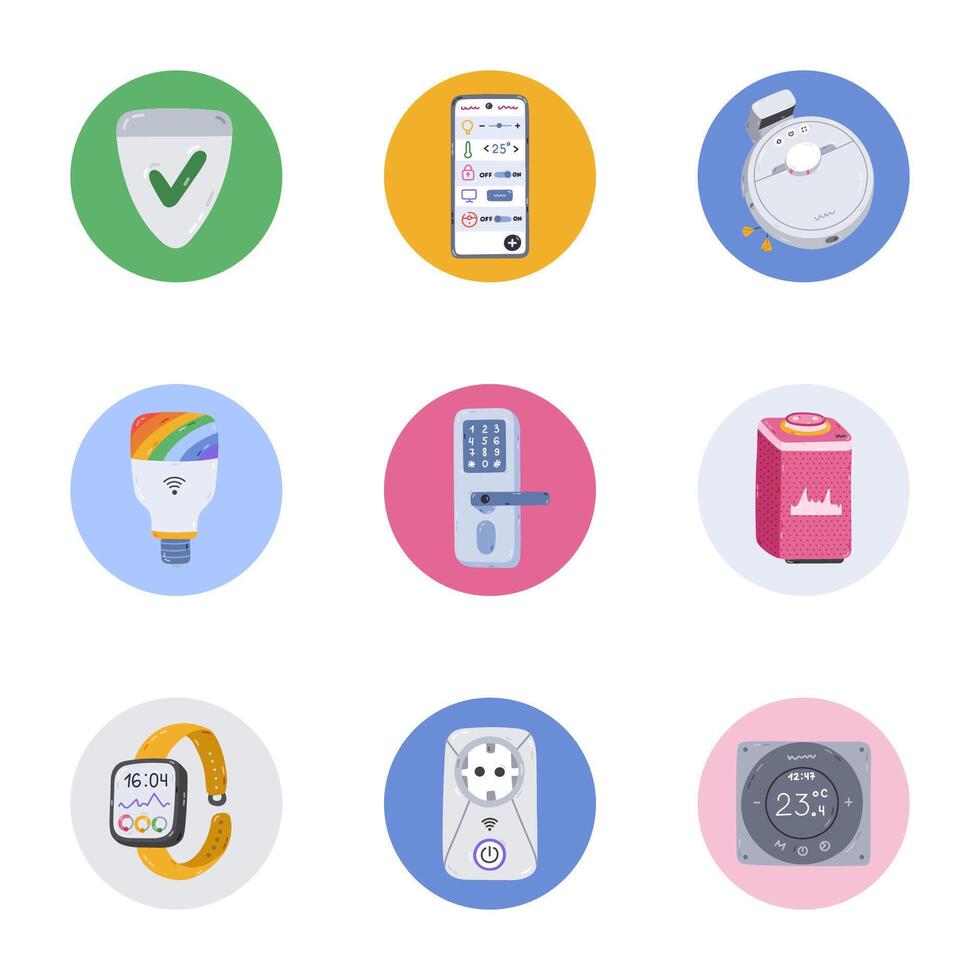 Set of cute round highlights with smart home devices and Internet of Things cartoon clipart. Cover for different social media, blogs, business, branding. Icon pack for stories with remote technology. vector