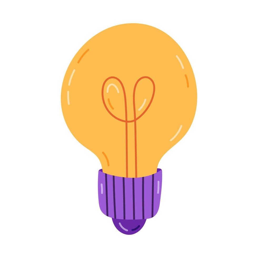 Cute cartoon light bulb as symbol of idea, brainstorm, electricity. Hand drawn simple glowing light lamp clipart isolated on white background. Energy, power and business, strategy concept. vector