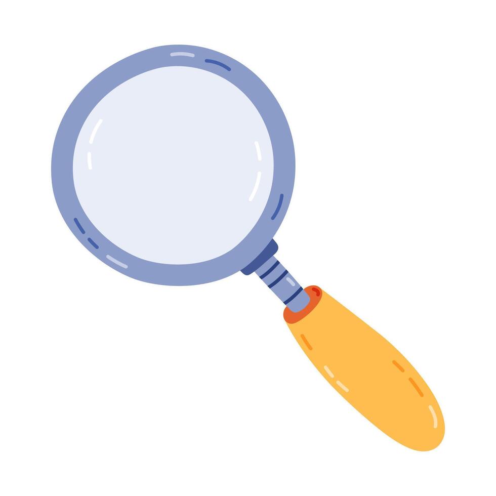 Cute cartoon hand held magnifying glass. Hand drawn loupe with handle as concept of search information, investigating, business idea. Scientific and business magnifier isolated on white background. vector