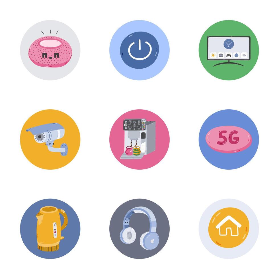 Set of cute round highlights with smart home devices and Internet of Things cartoon clipart. Cover for different social media, blogs, business, branding. Icon pack for stories with remote machine. vector