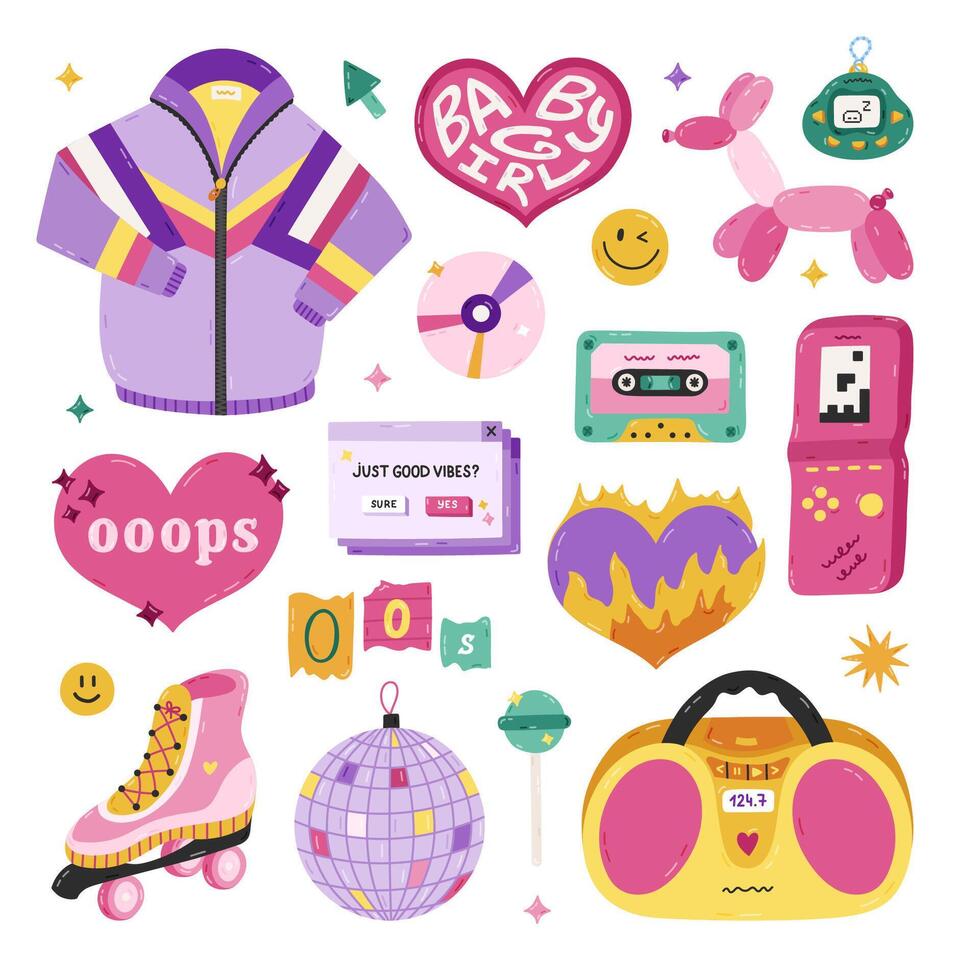 Cute cartoon hand drawn Y2k set with symbols from 90s, 00s. Retro aesthetic clipart of sport jacket, radio, disco ball, balloon dog, oops heart, cassette, roller skate. Nostalgia for 1990s vibe. vector