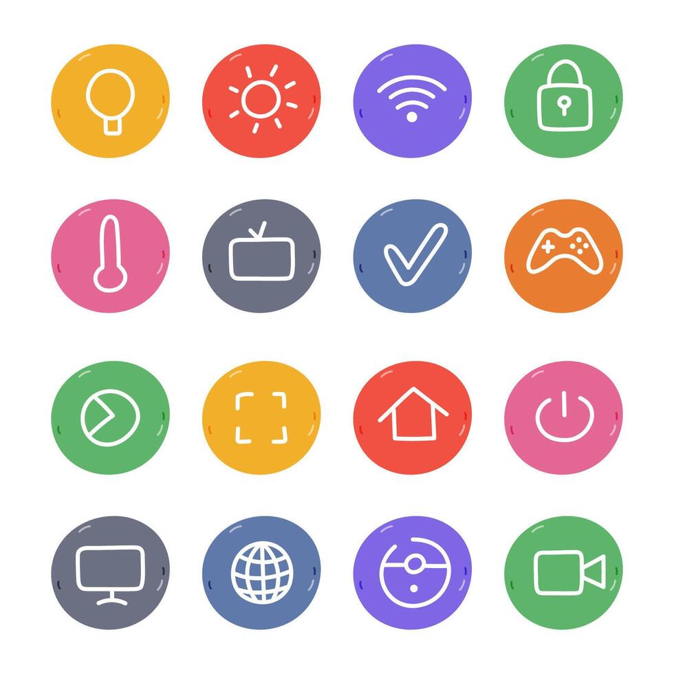 Cute smart home icon set with hand drawn outline and round bubble. Symbols of entertainment, control devices, secure, clean home. Collection of network and Internet of things isolated on background. vector