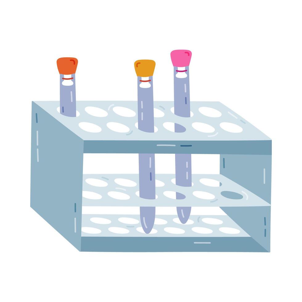 Cute cartoon test tube stand with glassware with cork for chemical and medical experiment. Glass tube in stand for research lab, biology analysis. Hand drawn science tool isolated on white. vector