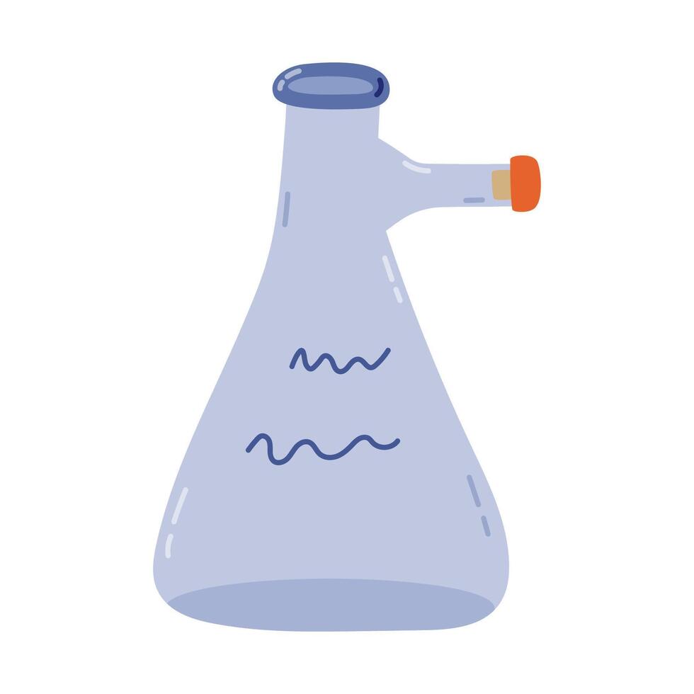 Cute cartoon laboratory beaker with spout and cork for science experiment, chemistry and biology tests. Flat bottomed flask, glassware for chemical solutions. Hand drawn lab tube isolated on white vector