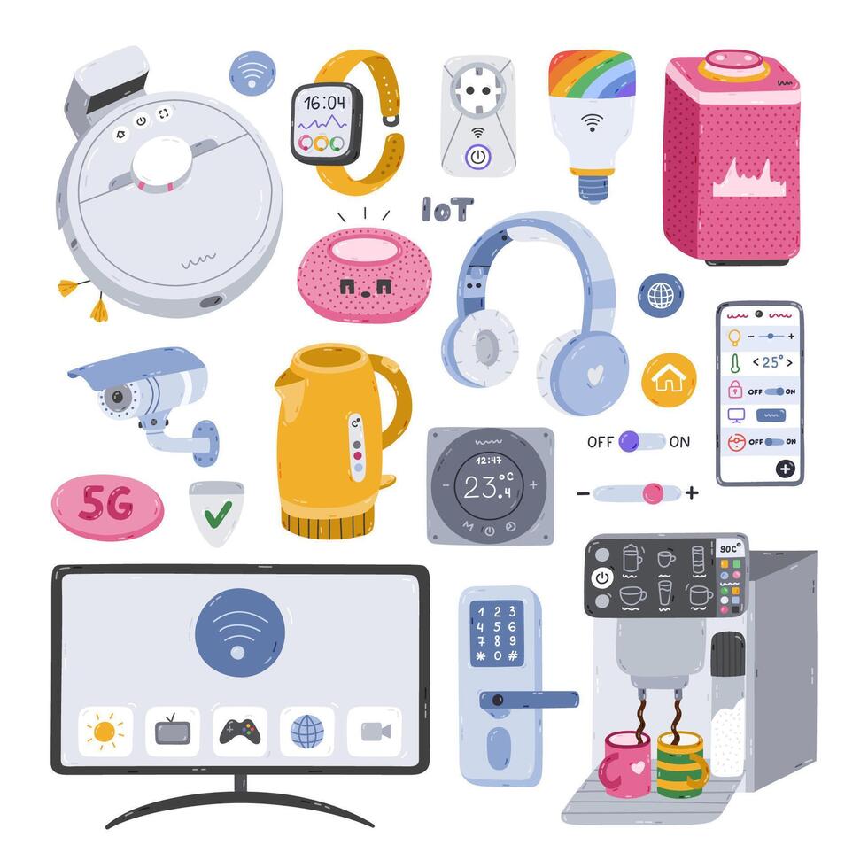 Big cartoon set of smart devices for entertainment, cook, secure, clean home. Hand drawn intelligence machine with remote control via phone. Collection of Internet of things isolated on background. vector