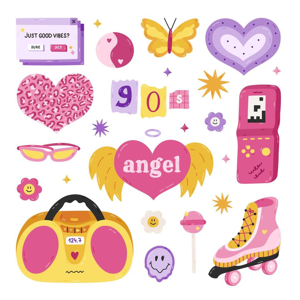 Cute cartoon hand drawn Y2k set with symbols from 90s, 00s. Retro aesthetic pink clipart of vintage radio, electronic toy, angel lettering, old PC interface, roller skate. Nostalgia for 1990s vibe. vector
