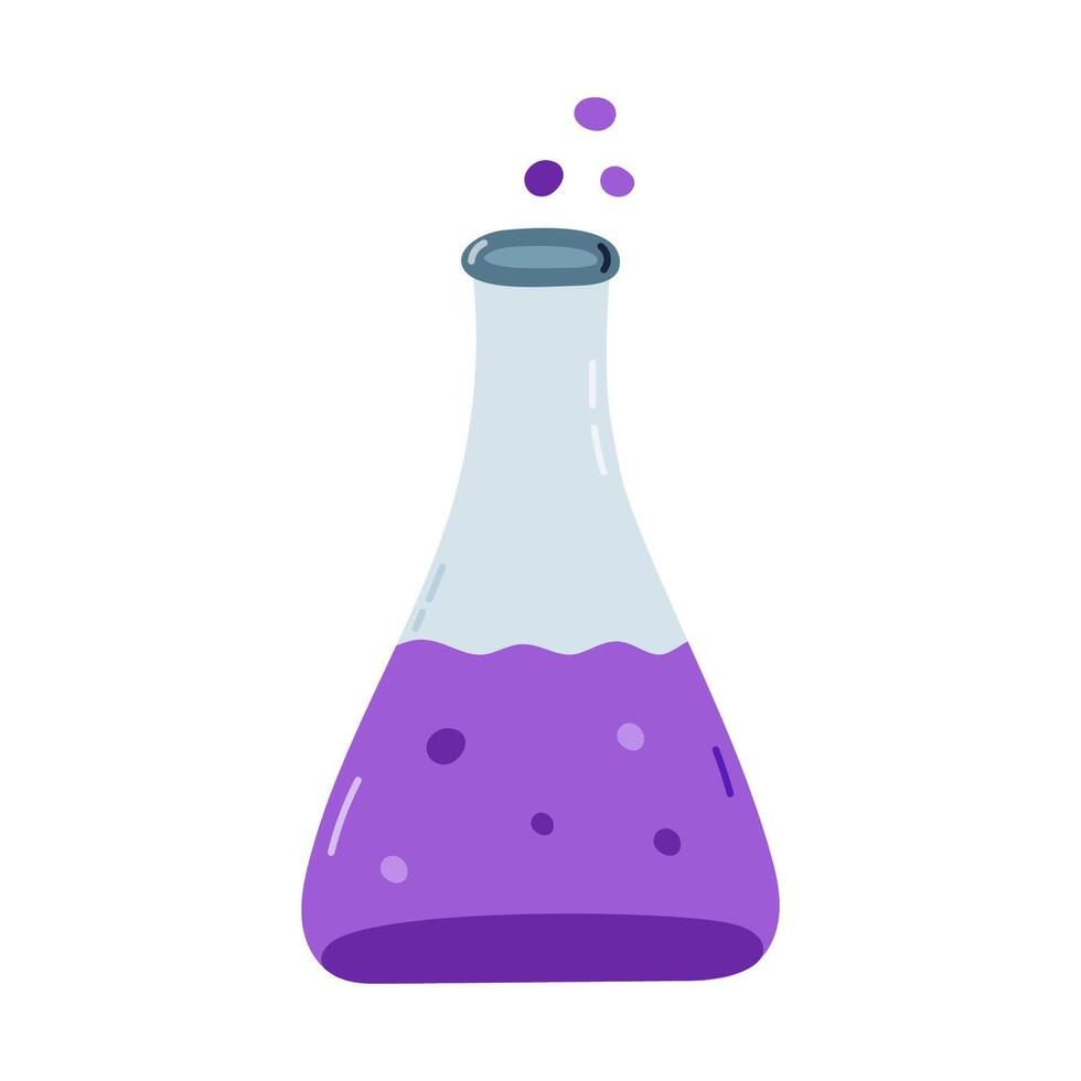 Cute cartoon laboratory beaker with purple chemical solution and bubbles. Flat bottomed flask, glassware for science experiment, chemistry tests. Hand drawn lab equipment isolated on white. vector