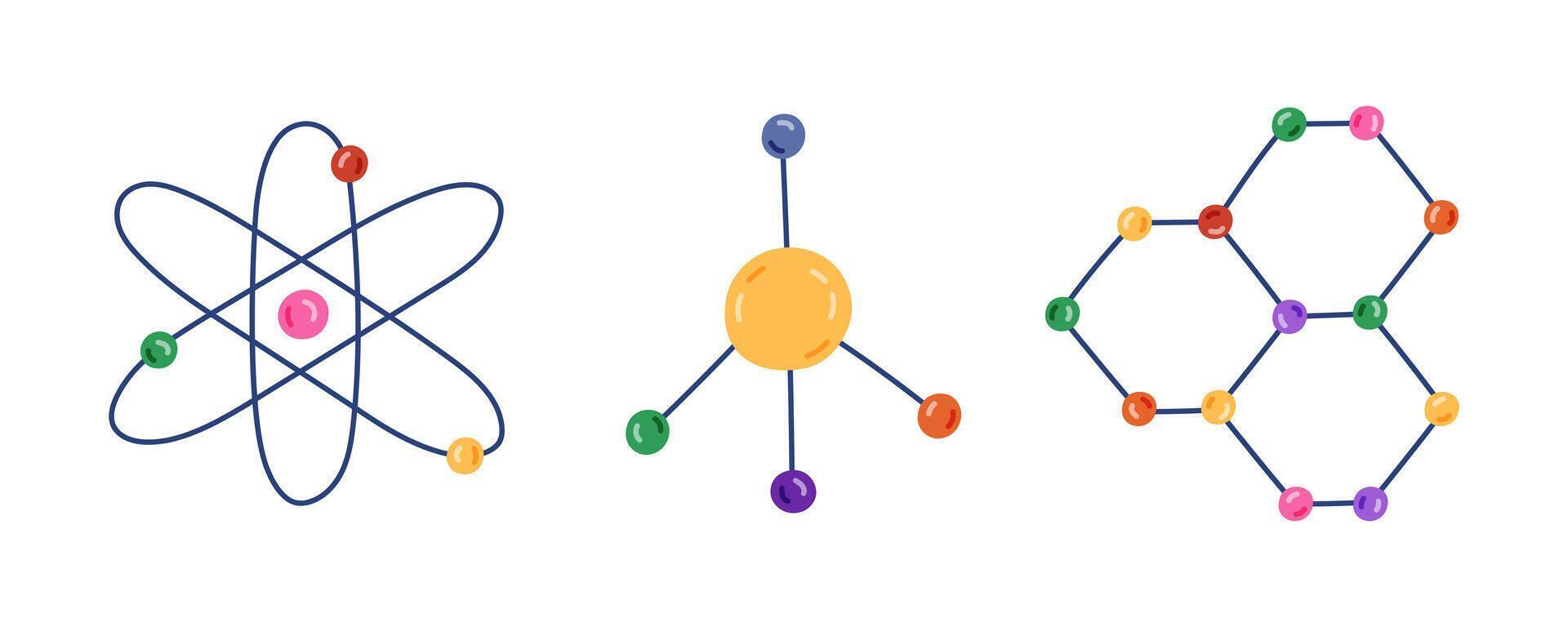 Cute cartoon set with chemistry molecule and atom structure. Hand drawn chemical formula as sign of science, medicine, technology, biology. Scientific molecular model clipart isolated on background. vector