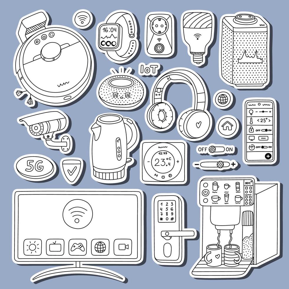 Big outline doodle set of stickers with smart devices of Internet of things for planners, notebooks. Ready for print list of cute stickers. Intelligence machine clipart with remote control via phone. vector