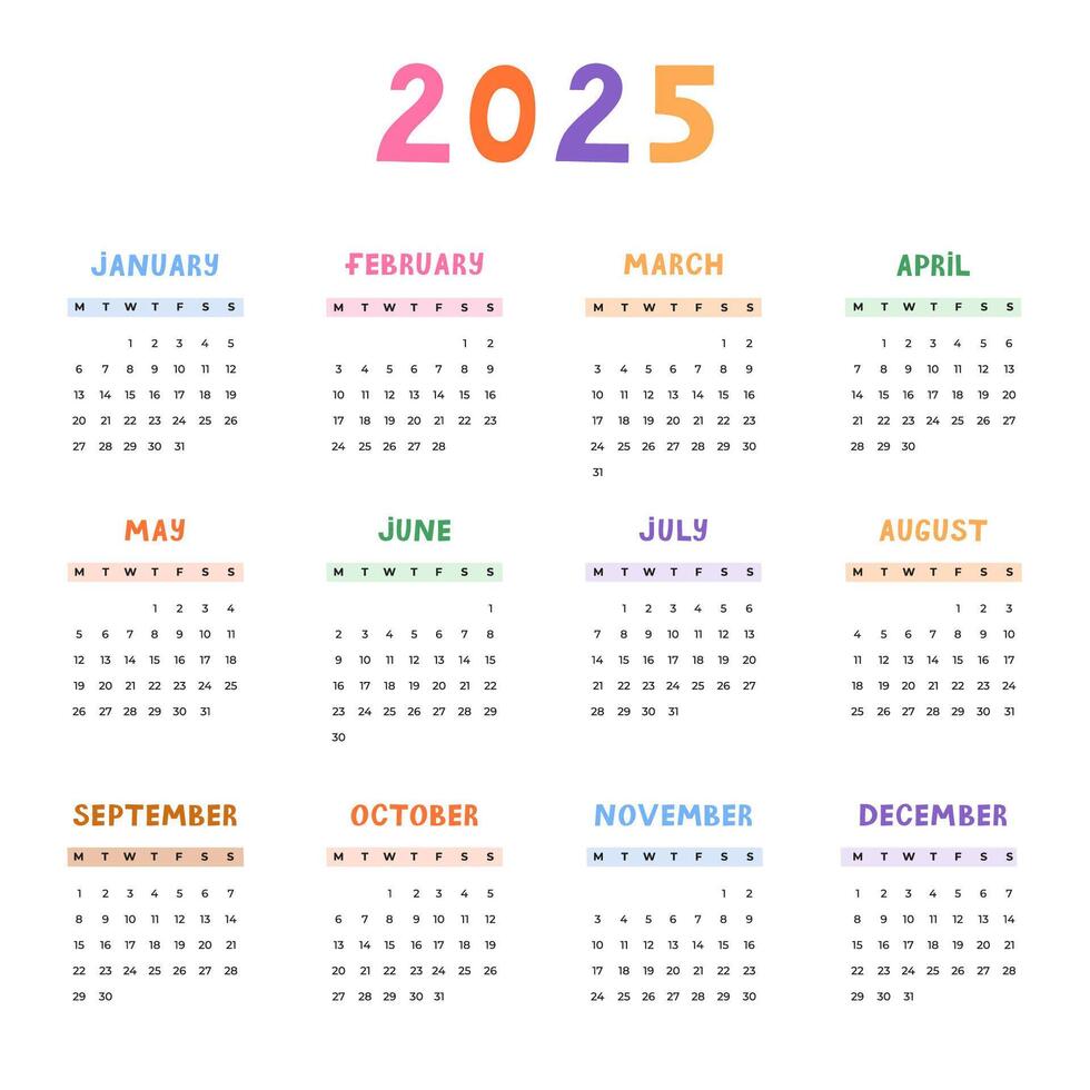 Cute minimal calendar template for 2025 year with weeks starts on Monday. Calendar grid with funky font for kids nursery, corporate office, stationery. Square monthly calender layout for planning vector