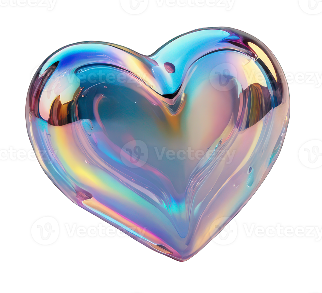 Holographic 3D element in Y2K style, heart figure on transparent background. Chrome iridescent mirror surface, molten metal. Romance, love, rainbow shine. png