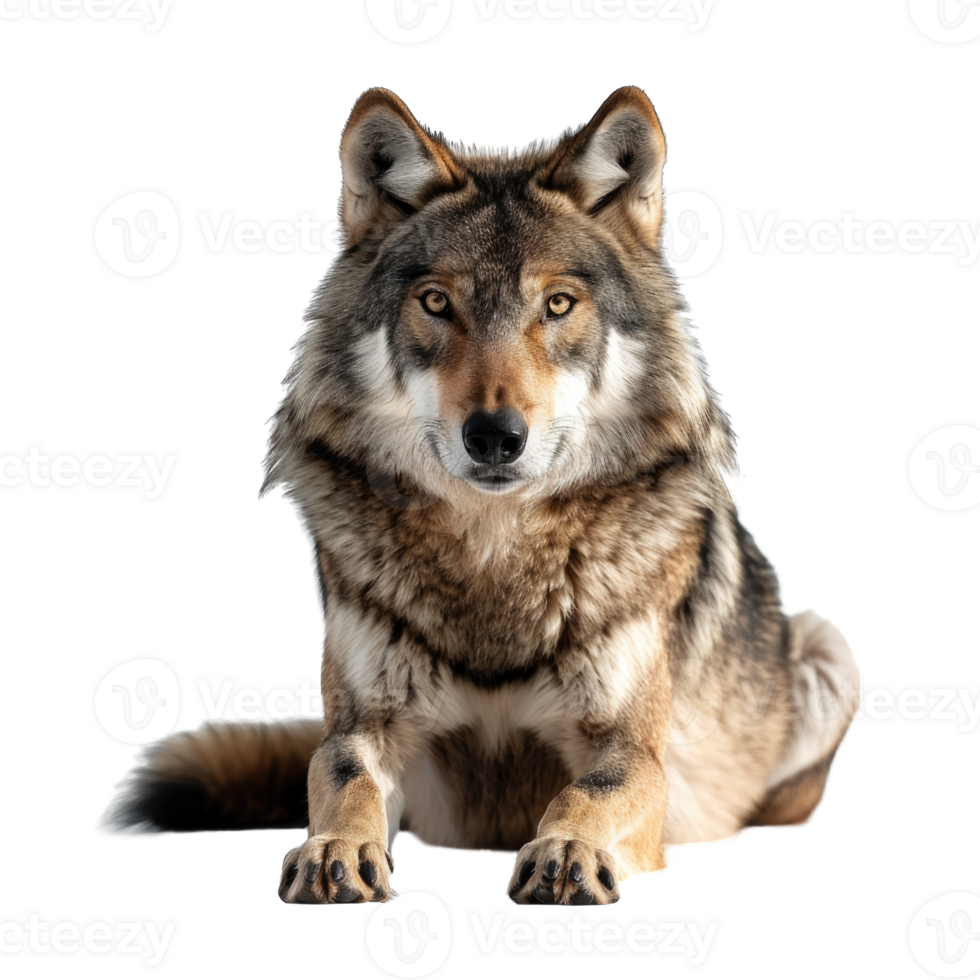 Wolf sitting and looking at camera isolated on transparent background cutout png