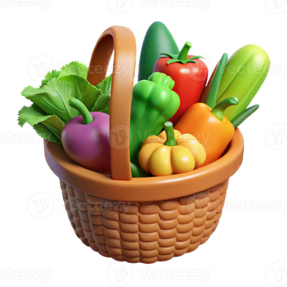 Fresh vegetables in basket 3d icon cartoon style isolated on transparent background cutout png