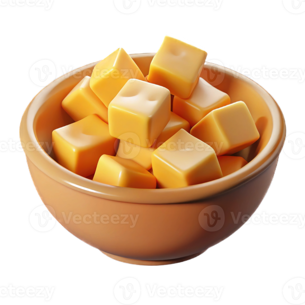 Tasty cheese cubes in bowl plastic style render 3d icon isolated on transparent background cutout png