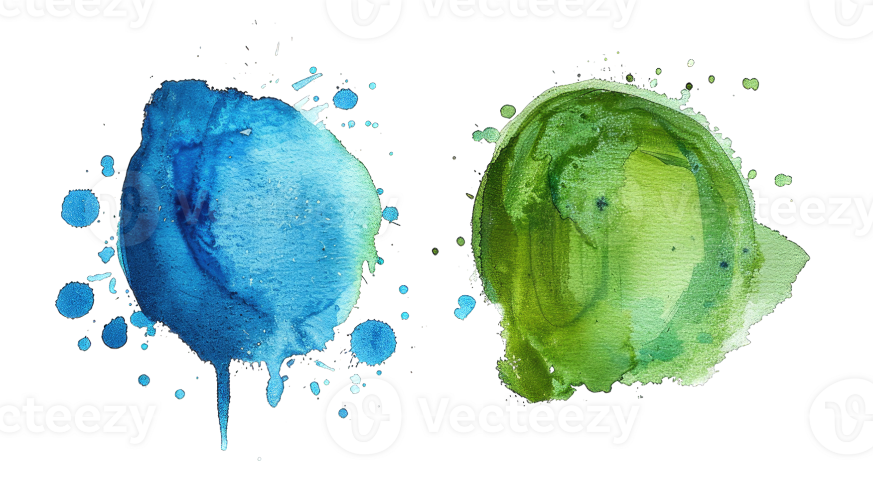 Blue and green watercolor texture painting pattern isolated on transparent background cutout png