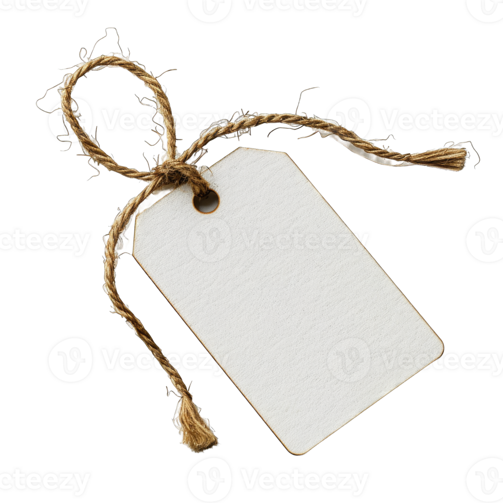 Blank price tag holding rope isolated on transparent background cutout png