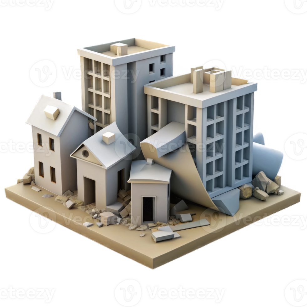 Demolished building 3d icon cartoon style isolated on transparent background cutout png