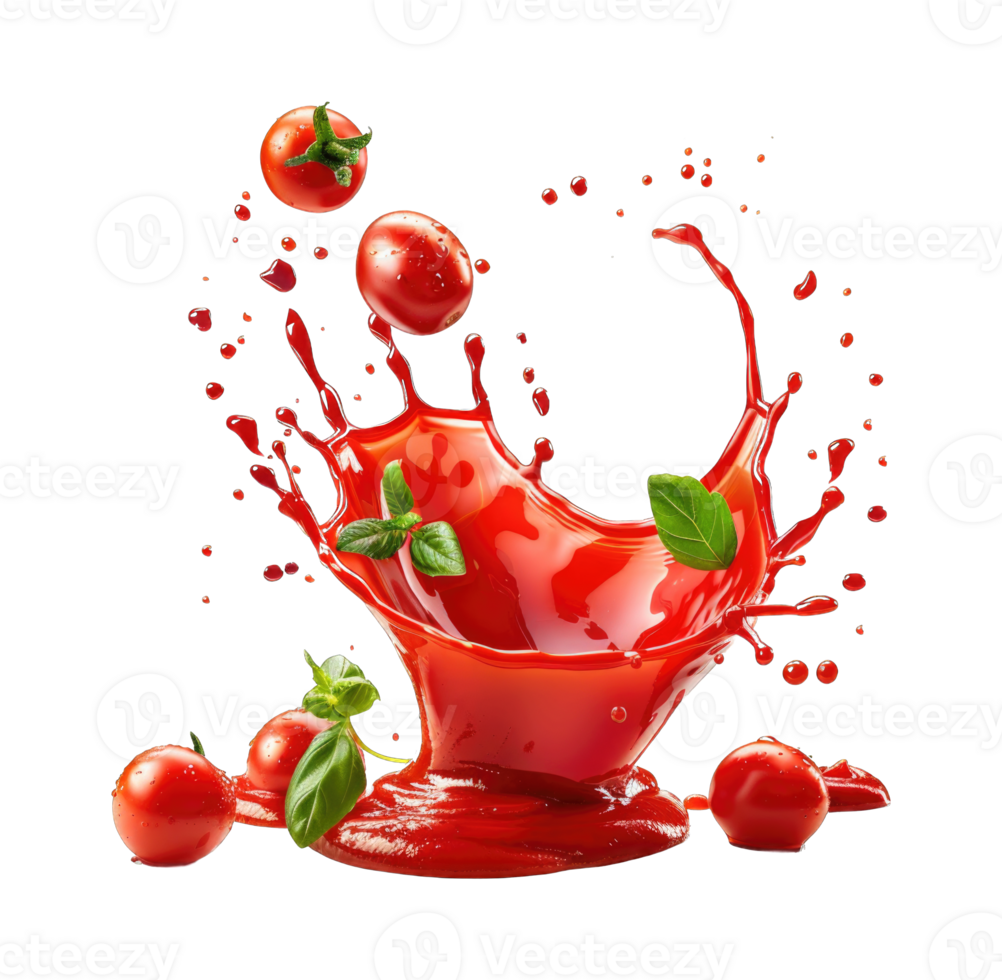 Splashing red sauce ketchup with tomatoes and leaves isolated on transparent background cutout png