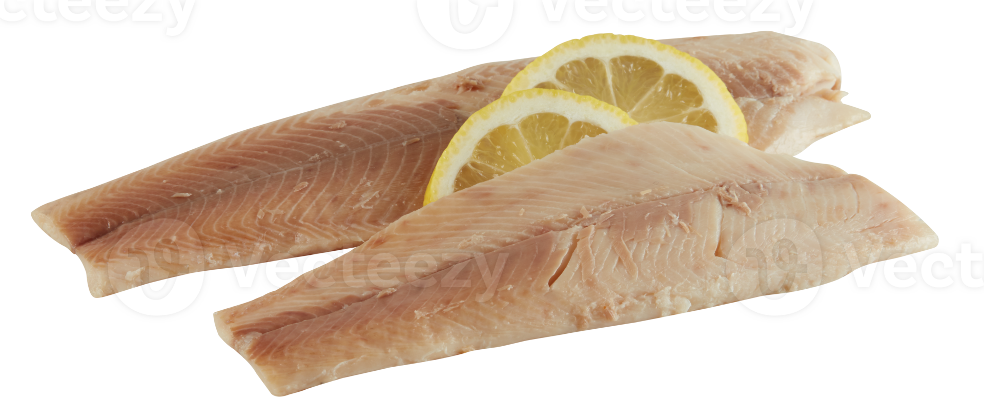 Sliced white sea bass with yellow lemon cut out isolated transparent background png