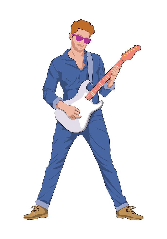 A man playing electric guitar in blue shirt illustration for design elements. Isolated on white background. vector